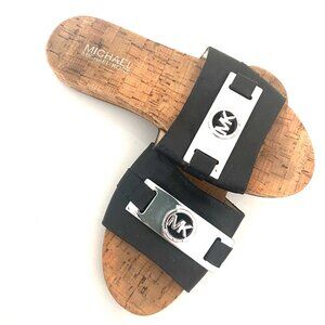 Michael Kors Slide Sandals Black and  Silver Leather Shoes Size 6
